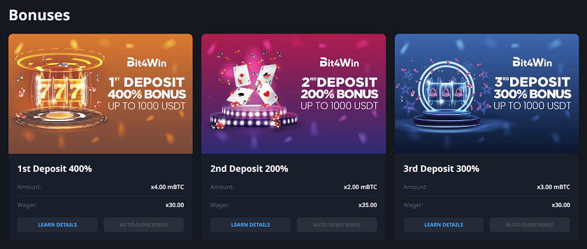Bit4Win Bonus Offers and Cashback